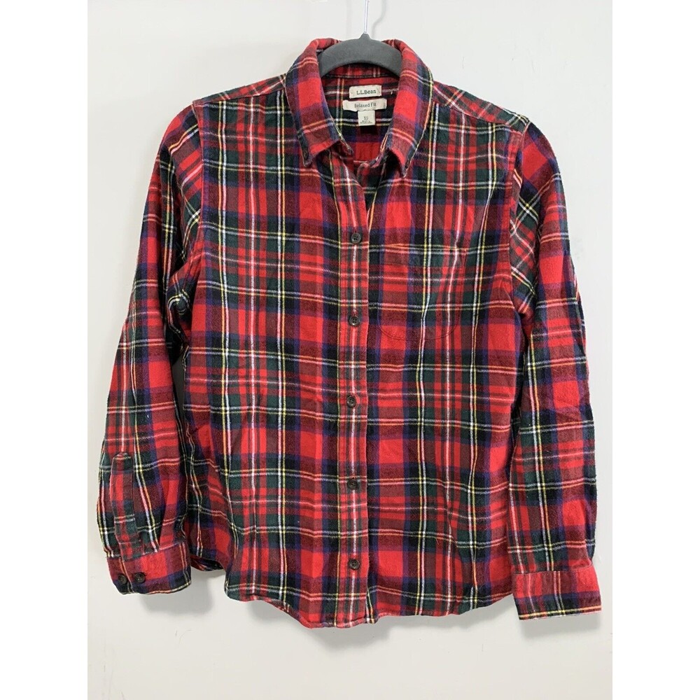 LL Bean Womens XS Red Green Plaid Button Down Long Sleeve Shirt Cottagecore Boho